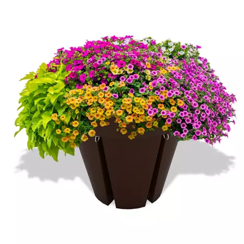 Brązowa donica Bikepot z petuniami w aranżacji