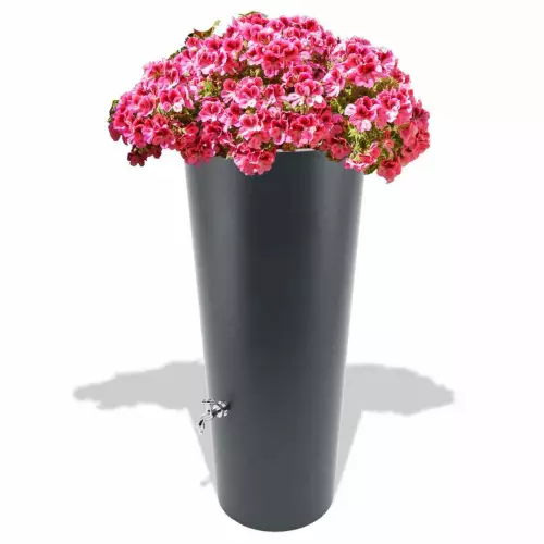 Antracytowy zbiornik na deszczówkę Rainpot z pelargoniami