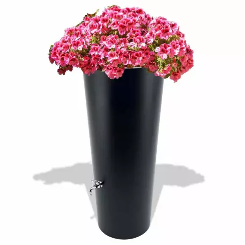 Czarny zbiornik na deszczówkę Rainpot z pelargoniami