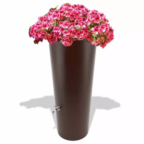 Czekoladowy zbiornik na deszczówkę Rainpot z pelargoniami