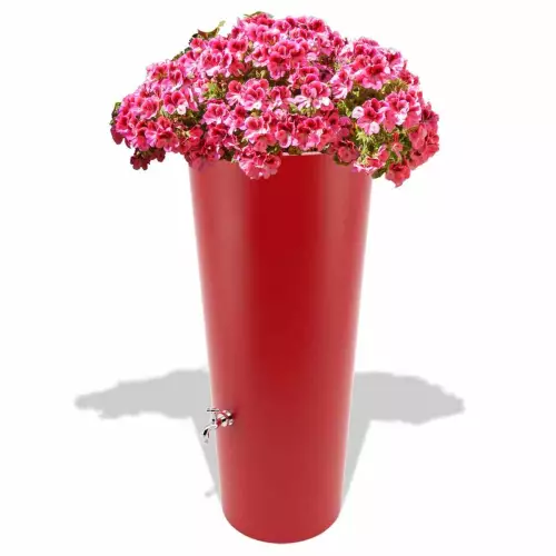 Czerwony zbiornik na deszczówkę Rainpot z pelargoniami