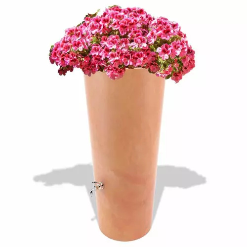 Zbiornik na deszczówkę Rainpot w kolorze terakota z pelargoniami