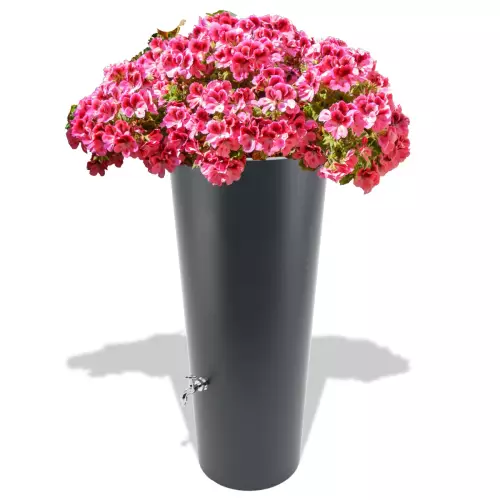 Antracytowy zbiornik na deszczówkę Rainpot z pelargonią