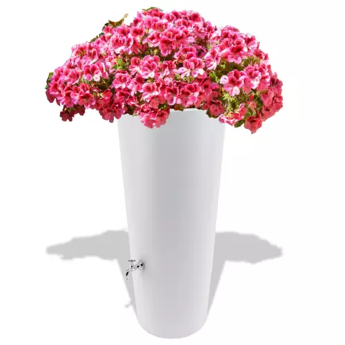 Biały zbiornik na deszczówkę Rainpot z pelargonią