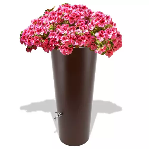 Czekoladowy zbiornik na deszczówkę Rainpot z pelargonią