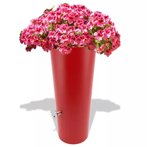 Czerwony zbiornik na deszczówkę Rainpot z pelargonią