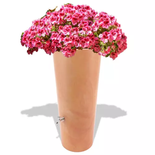 Zbiornik na deszczówkę Rainpot w kolorze terakota z pelargonią