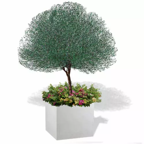 Biała betonowa donica  Block XL z drzewem i rabatą