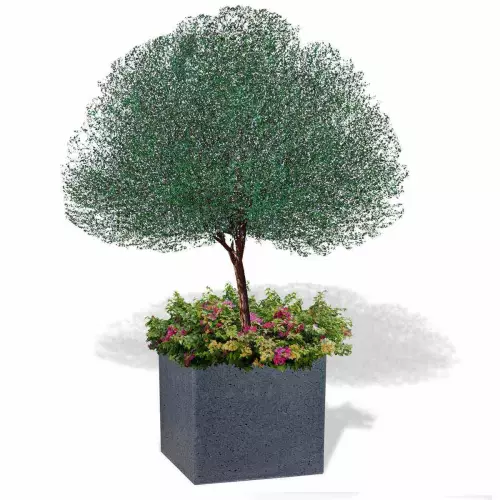 Grafitowa betonowa donica  Block XL z drzewem i rabatą