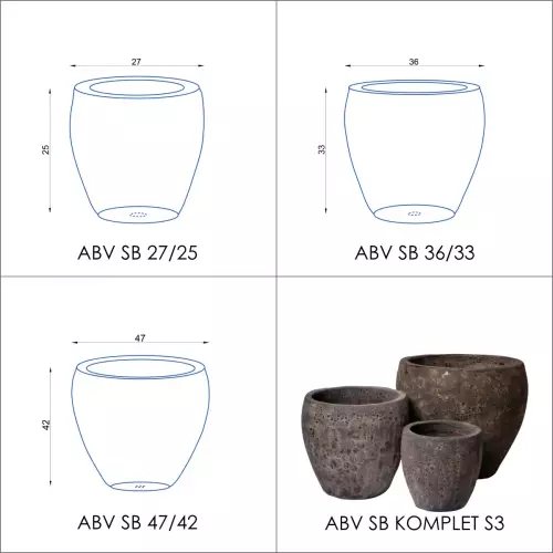 Wymiary doniczek ABV SB - zestaw 3 wielkości