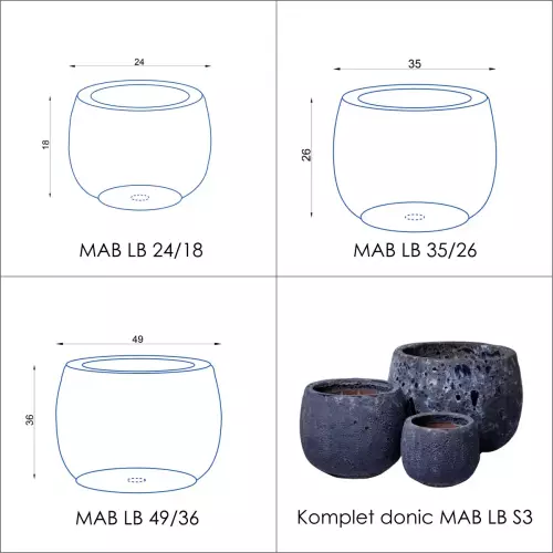 Wymiary doniczek MAB LB - zestaw 3 wielkości