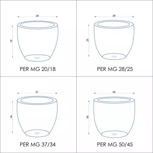 Wymiary doniczek PER MG - zestaw 4 wielkości