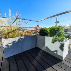 trawy, iglaki, bukszpany w donicy 100 cm na tarasie