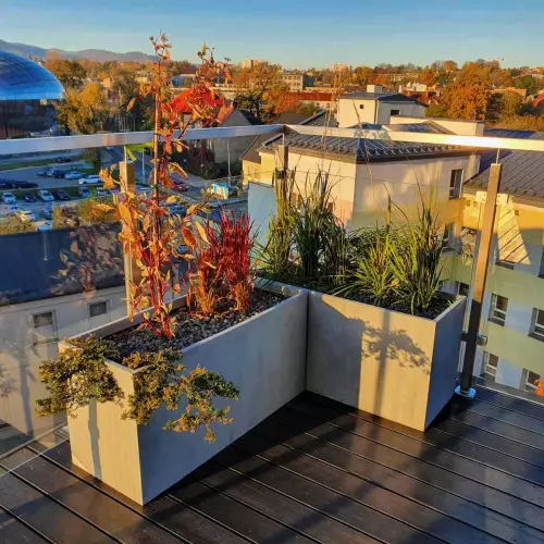 Jesienna kompozycja roślinna w donicach D313D w kolorze szarego betonu