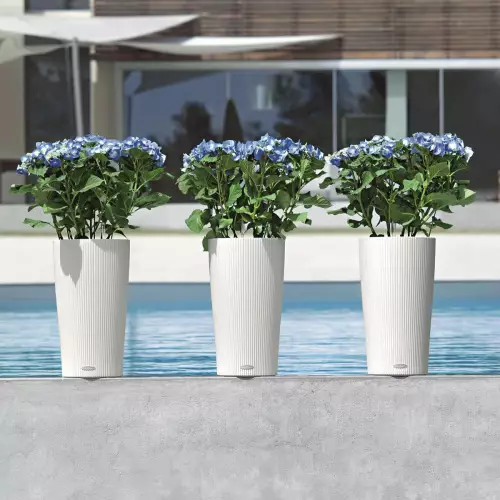 Białe doniczki Lechuza Cilindro na basenie