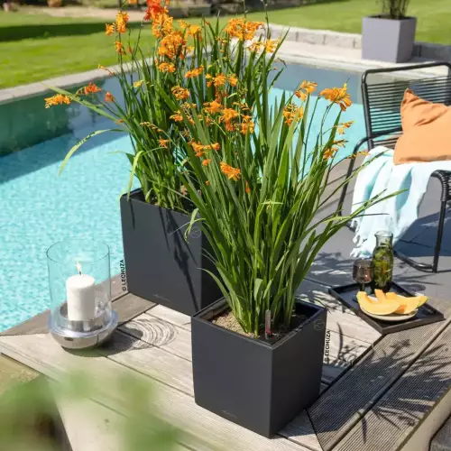 Donice CUBE Color 30 & 40 w kolorze szary łupek przy basenie