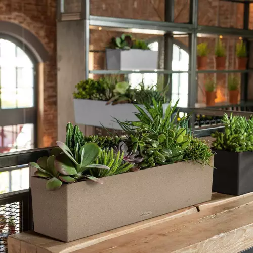 Beżowa doniczka Balconera Stone 80 w restauracji