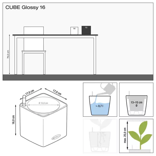 Wymiary doniczki Cube Glossy 16