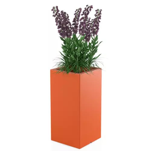 Pomarańczowa donica Tower Pot M w zestawieniu z rośliną średniej wysokości