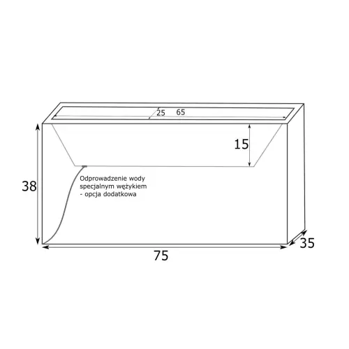 Rysunek donicy LUNGO PD/OW (z wewnętrzną półką i odprowadzeniem wody)