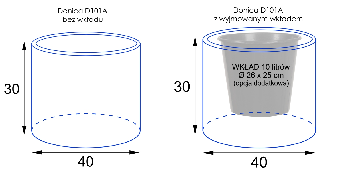 wymiary donicy D101A bez wkładu i z wkładerm