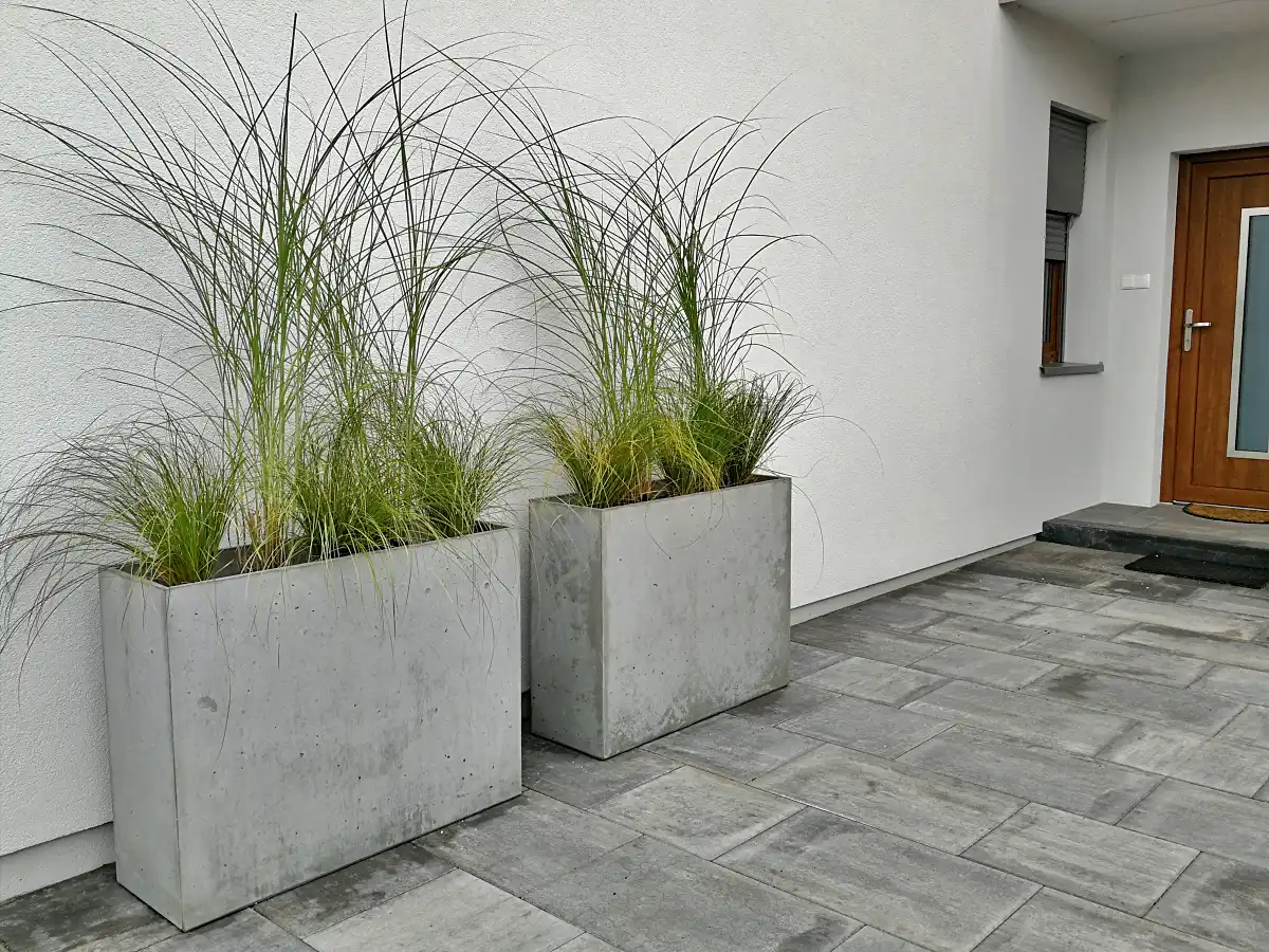 szara donica betonowa długa prostokątna na trawy