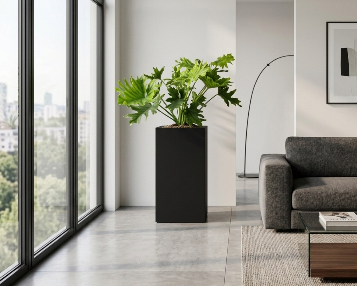 czarna wysoka donica do salonu