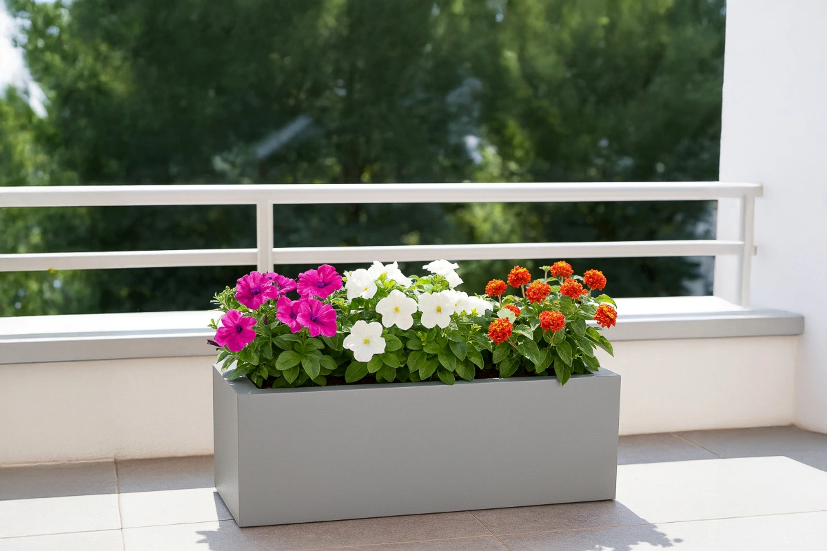 szara podłużna doniczka na balkon 