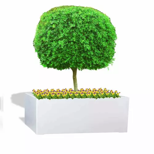 Biała donica D992ED z formowanym drzewkiem i bratkami