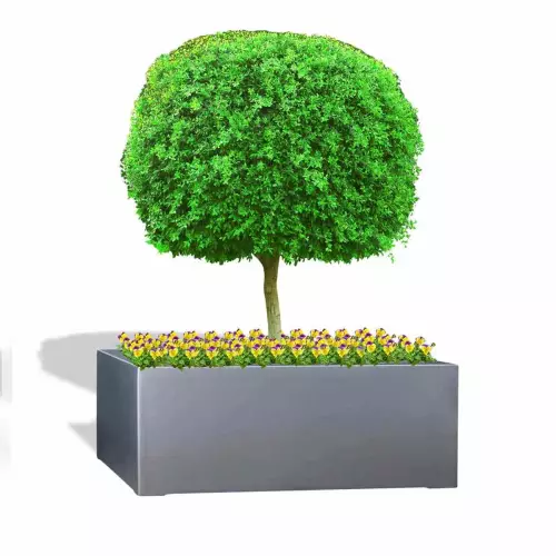 Szara donica D992ED z formowanym drzewkiem i bratkami