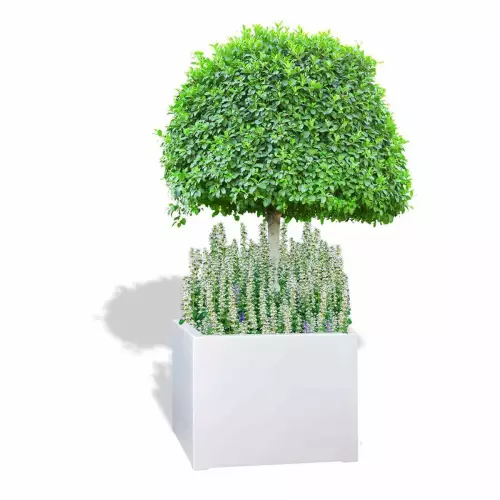 Biała donica D992EE z formowanym drzewkiem i dąbrówką