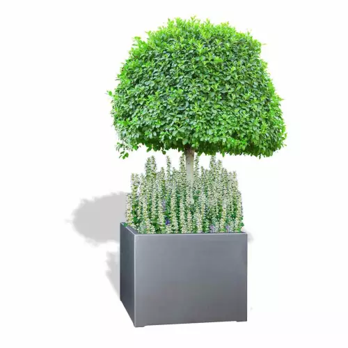 Szara donica D992EE z formowanym drzewkiem i dąbrówką