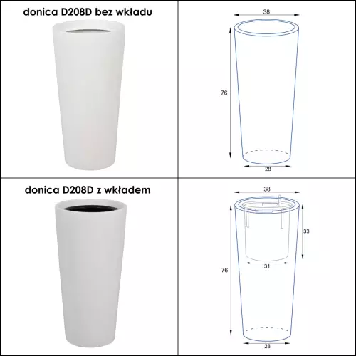 Wymiary donicy D208D/BPD bez wkładu i z wkładem