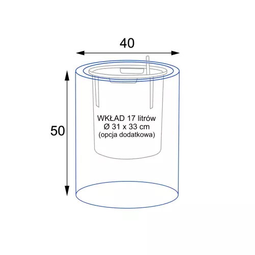 Wymiary doniczki RC50 z wewnętrznym wkładem