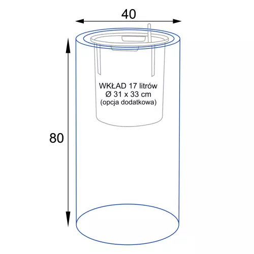 Wymiary doniczki RC80 z wewnętrznym wkładem