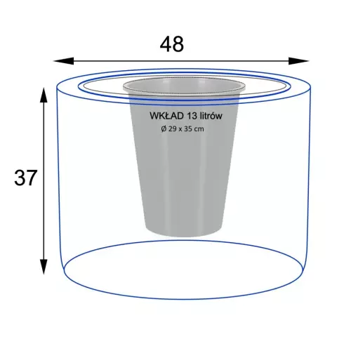 Wymiary doniczki LEO37 z wewnętrznym wkładem