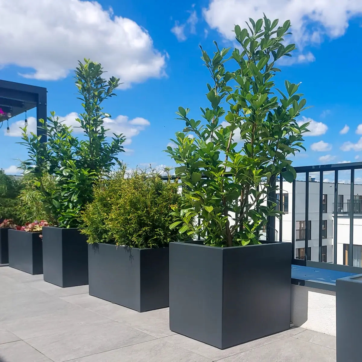 10 inspirujących aranżacji tarasów i balkonów z donicami z włókna szklanego.